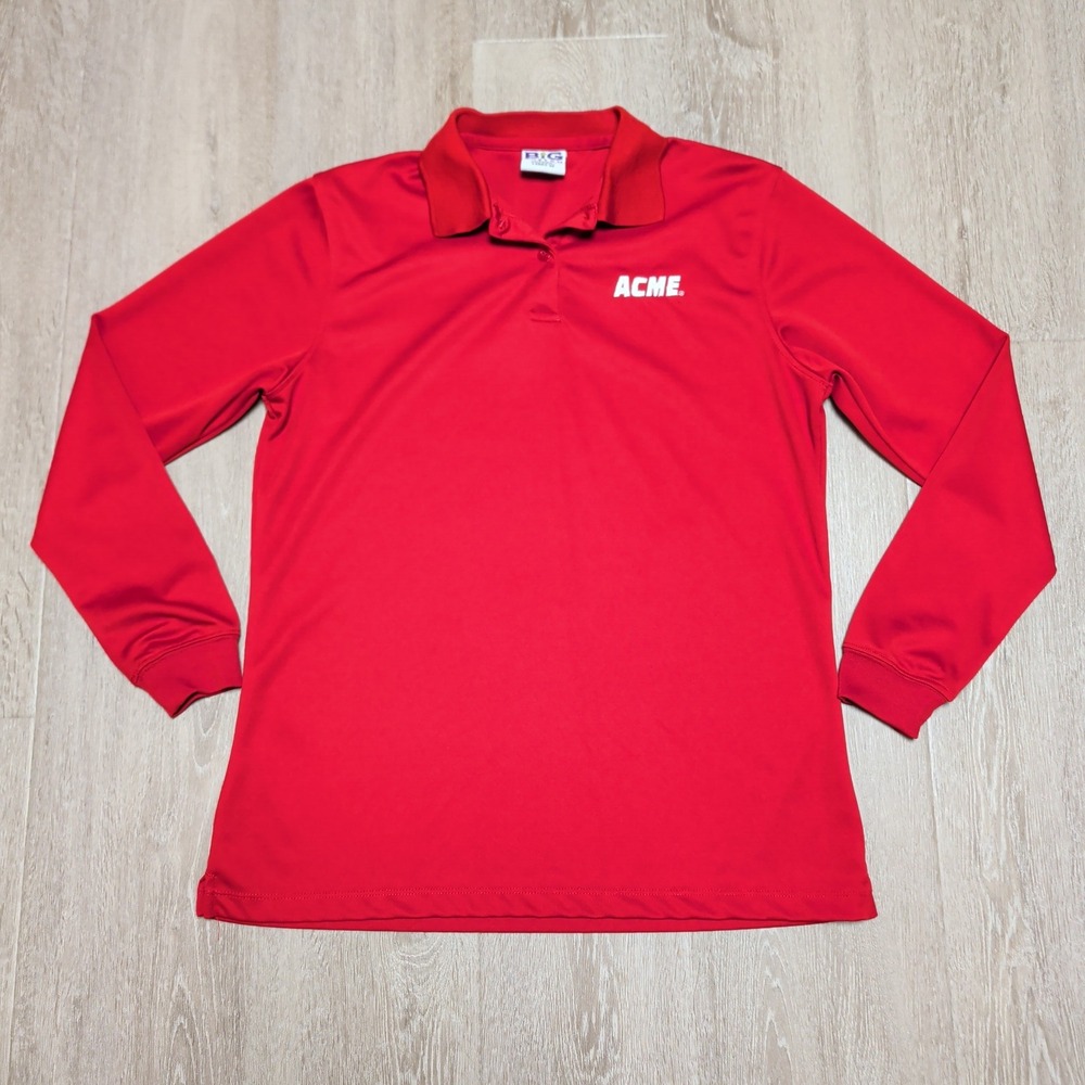 BIG Custom Polo Shirt Womens Medium Red Excellent Long Sleeve ACME Logo Workwear